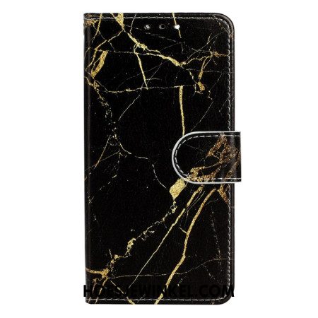 Leren Hoesje Samsung Galaxy S24 5g Zwart En Goud Marmer Met Riem