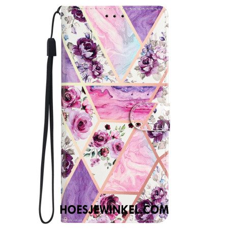 Leren Hoesje Voor Samsung Galaxy S24 5g Marmer Paarse Bloemen Met Riem