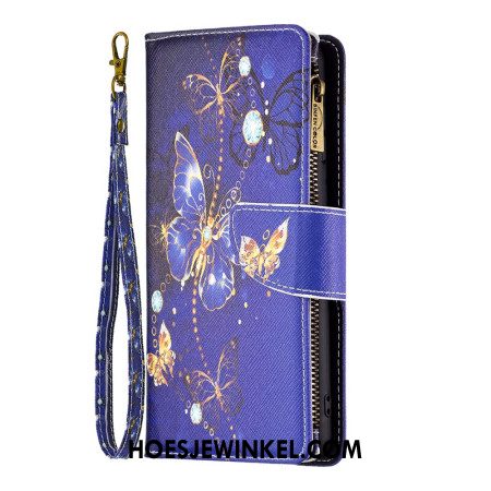 Leren Hoesje Voor Samsung Galaxy S24 5g Portemonnee Met Paarse Vlinders En Riem