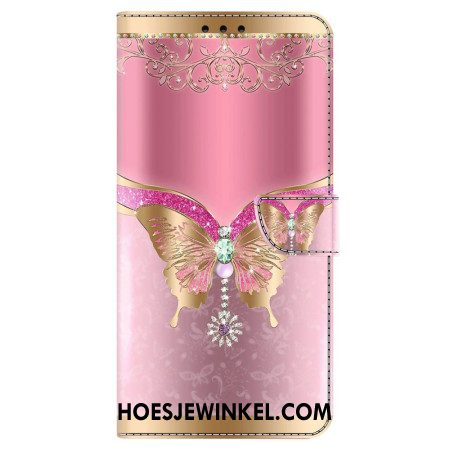 Leren Hoesje Voor Samsung Galaxy S24 5g Roze En Gouden Vlinder