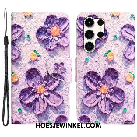 Leren Hoesje Voor Samsung Galaxy S24 Ultra 5g Paarse Bloemen Met Riempje