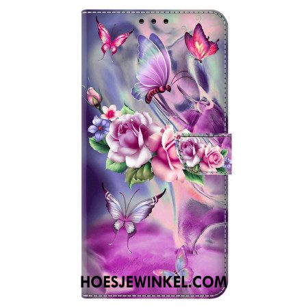 Leren Hoesje Voor Xiaomi 14 Paarse Vlinders En Bloemen