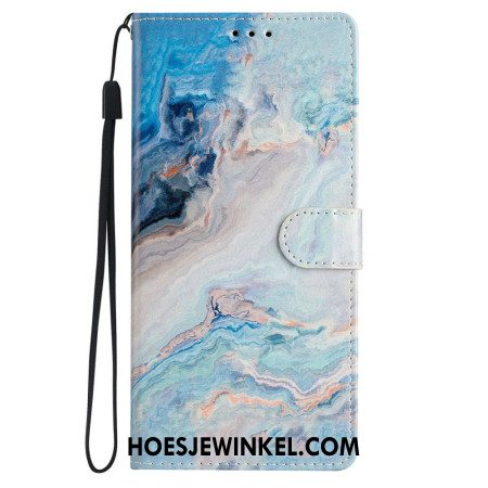 Leren Hoesje Voor iPhone 16 Blauw Marmerpatroon Met Riem