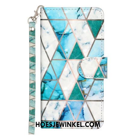 Leren Hoesje Voor iPhone 16 Groen En Blauw Marmer Met Riem