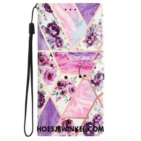 Leren Hoesje Voor iPhone 16 Paarse Bloemen Met Riempje