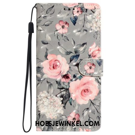 Leren Hoesje Voor iPhone 16 Plus Roze Bloemen Met Riem