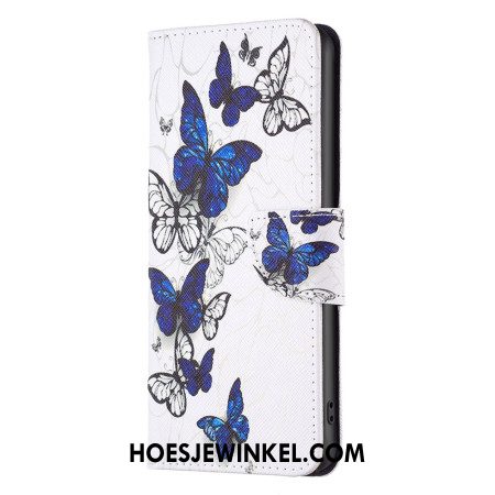 Leren Hoesje Voor iPhone 16 Pro Blauwe Vlinders Print