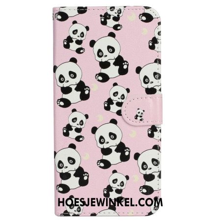 Leren Hoesje Voor iPhone 16 Pro Max Kleine Panda's Met Riem