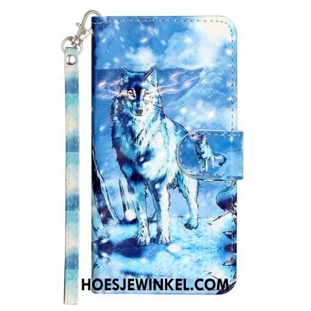 Leren Hoesje Voor iPhone 16 Pro Max Sneeuwwolf Met Riem