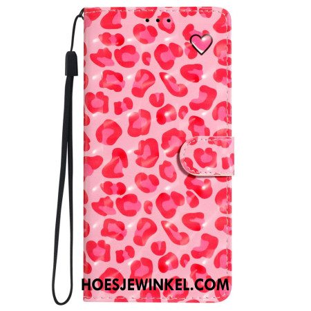 Leren Hoesje Voor iPhone 16 Roze Luipaardprint Met Riempje