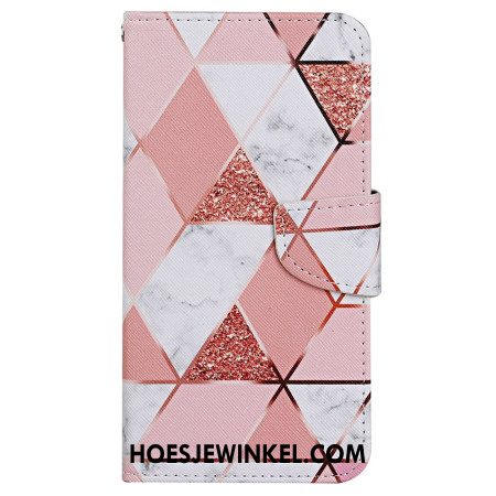 Leren Hoesje Xiaomi Redmi Note 13 4g Roze Marmeren En Gouden Band Bescherming Hoesje