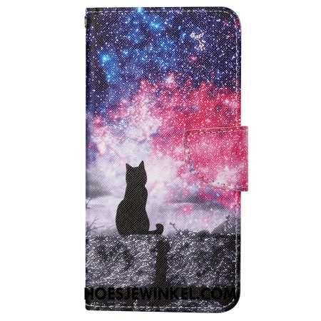 Leren Hoesje Xiaomi Redmi Note 13 Pro 4g Sterrenhemel En Draagkoord Cat Bescherming Hoesje