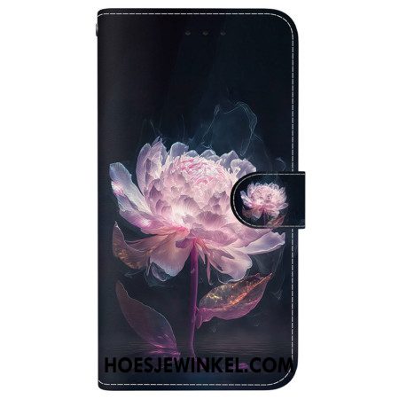 Leren Hoesje iPhone 16 Paarse Pioen Met Riem Bescherming Hoesje