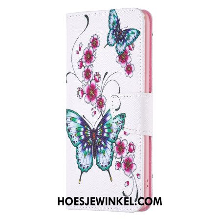 Leren Hoesje iPhone 16 Plus Bloemen En Vlinders Bescherming Hoesje