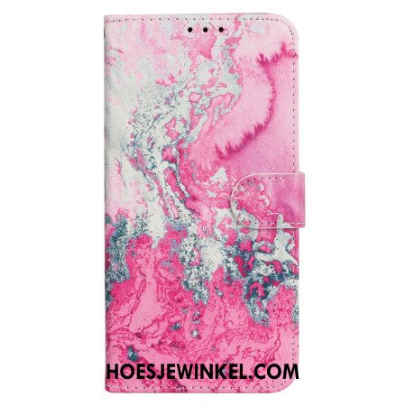 Leren Hoesje iPhone 16 Plus Marineroze Marmer Bescherming Hoesje