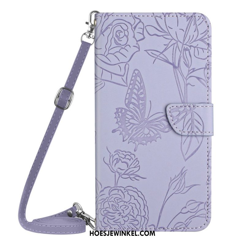 Leren Hoesje iPhone 16 Plus Vlinderprint Met Schouderband