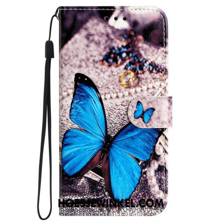 Leren Hoesje iPhone 16 Pro Max Blauwe Vlinder Met Riem