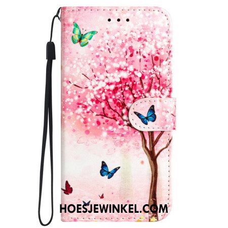 Leren Hoesje iPhone 16 Pro Max Kersenbloesemboom Met Riem Bescherming Hoesje