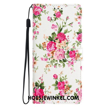 Leren Hoesje iPhone 16 Pro Max Rode Bloemen Met Riem Bescherming Hoesje