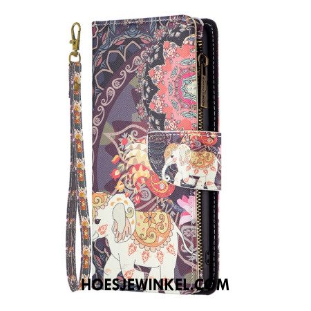 Leren Hoesje iPhone 16 Pro Max Tribal Olifant Portemonnee Met Riem Bescherming Hoesje