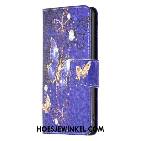 Leren Hoesje iPhone 16 Pro Paarse Vlinders Bescherming Hoesje