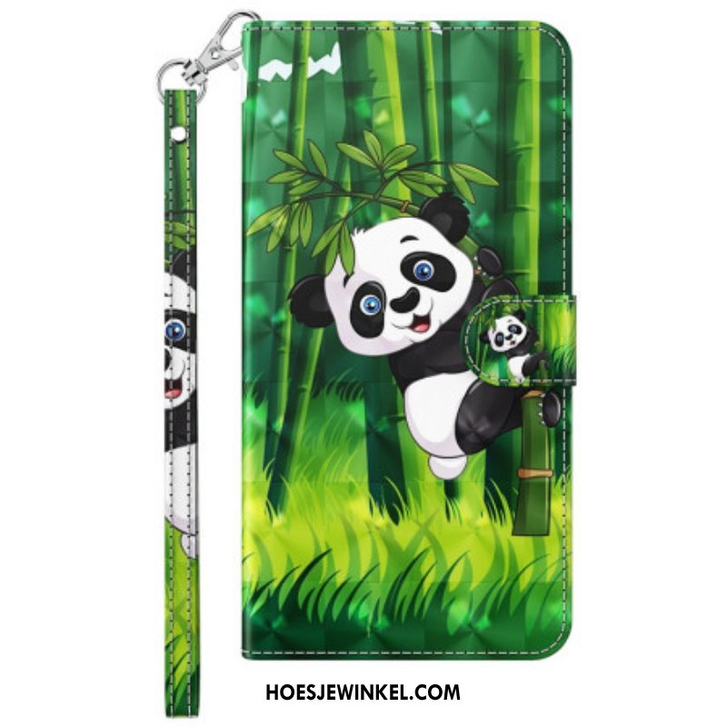 Leren Hoesje voor Moto G73 5G Met Ketting Panda En Bamboe Met Lanyard