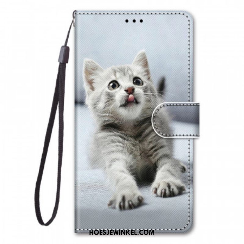 Leren Hoesje voor Xiaomi Redmi Note 11 Pro Plus 5G Met Ketting Grijze Kitten Met Riem